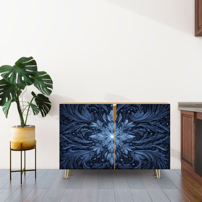 Buffet Buffet avec rangement Élégant ornement flocon de neige à motif floral blanc et bleu complexe avec 2 portes pour le salon et la cuisine