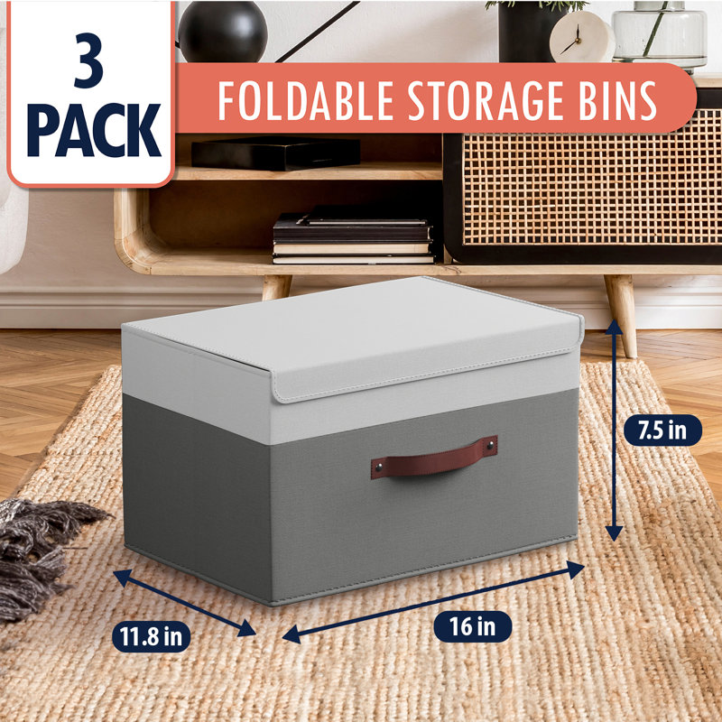Ensemble de boîtes pliables en tissu, Blanc / gris, H 7,5 po x l 11,8 po x P 16,5 po