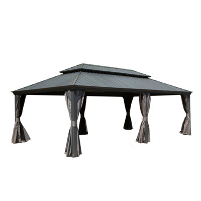 Abri de jardin à toit rigide 14 x 24 pi, abri de jardin extérieur avec double toit en acier galvanisé, structure en aluminium, système de gouttière intégrée, rideau et filet, pavillon de jardin en métal pour terrasse de jardin