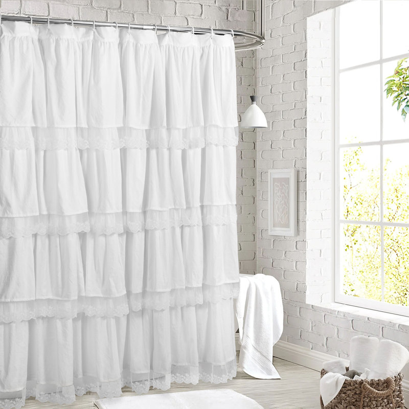 Rideau de douche élégant avec volants faits à la main et bordure en dentelle, rideaux de douche doux en microfibre 72 po x 72 po pour salle de bain bohème, maison de campagne et décor rétro, lavable à la machine