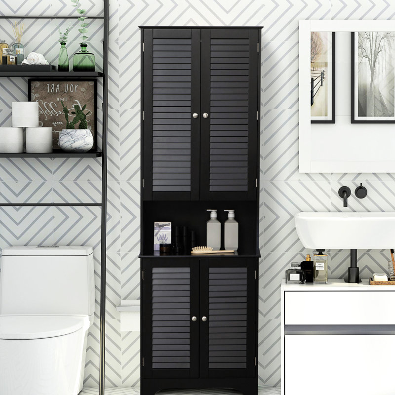 Grande armoire de rangement pour salle de bain noire - autoportante étroite avec 2 armoires, tablette réglable et comptoir pour la salle de bain, le salon, le bureau, l'entrée