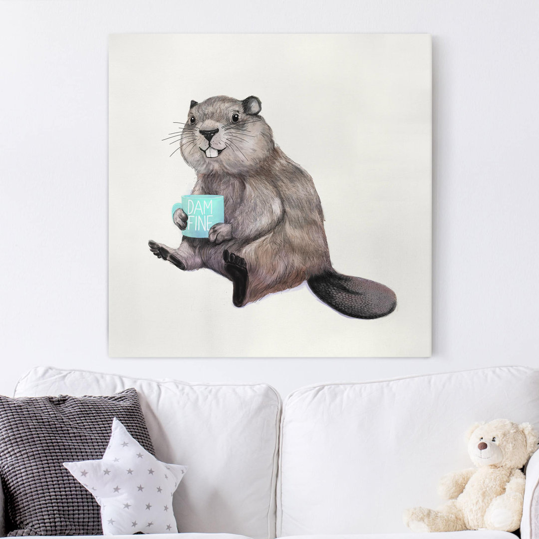 Leinwandbild Illustration Biber mit Kaffeetasse von Laura Graves