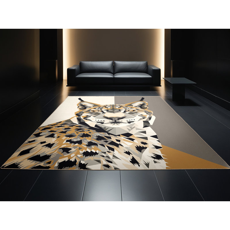 Machine Washable Oryn Lynx Modern Geometric Rug in Gray – Beige Binding, 7x10