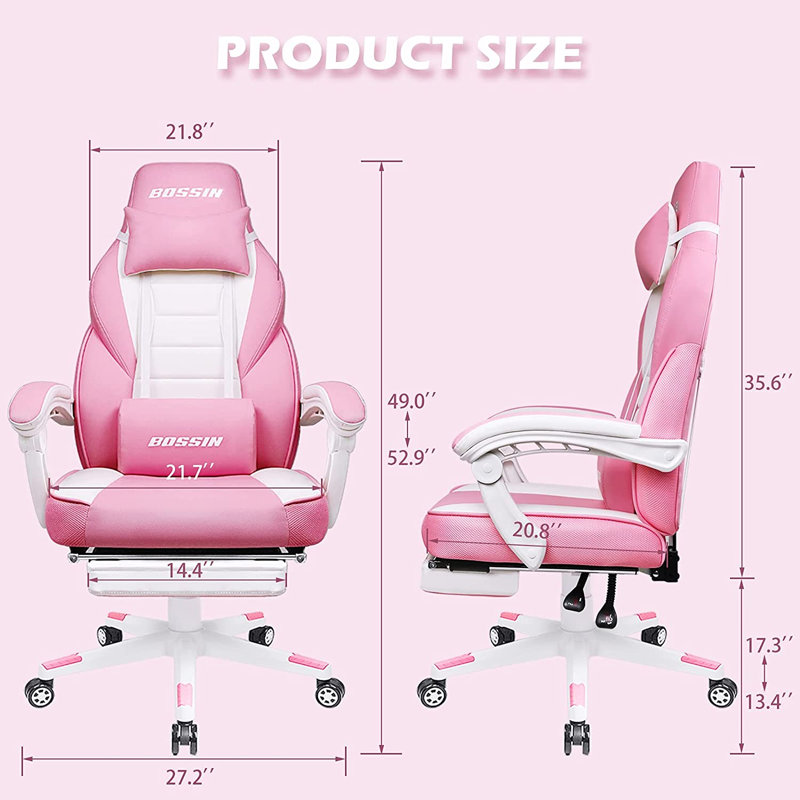 BOSSIN Gaming Chairs with Footrest, Ergonomic Computer Game Chairs with Lumbar Support, Pink/White