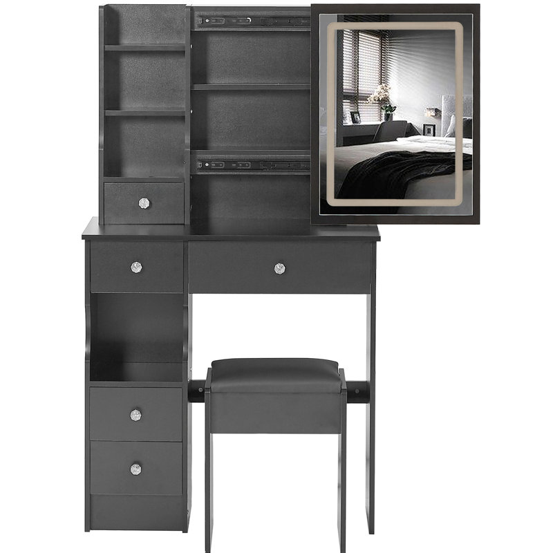 Petite table de coiffeuse avec tiroir de gauche, tabouret rembourré, miroir à DEL tricolore, espaces de vie intimes, espace confortable