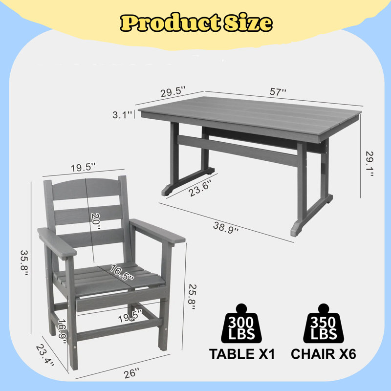 Ensemble de salle à manger d'extérieur moderne de 7 pièces pour 6 personnes, table et chaises en PEHD durable au design ergonomique confortable