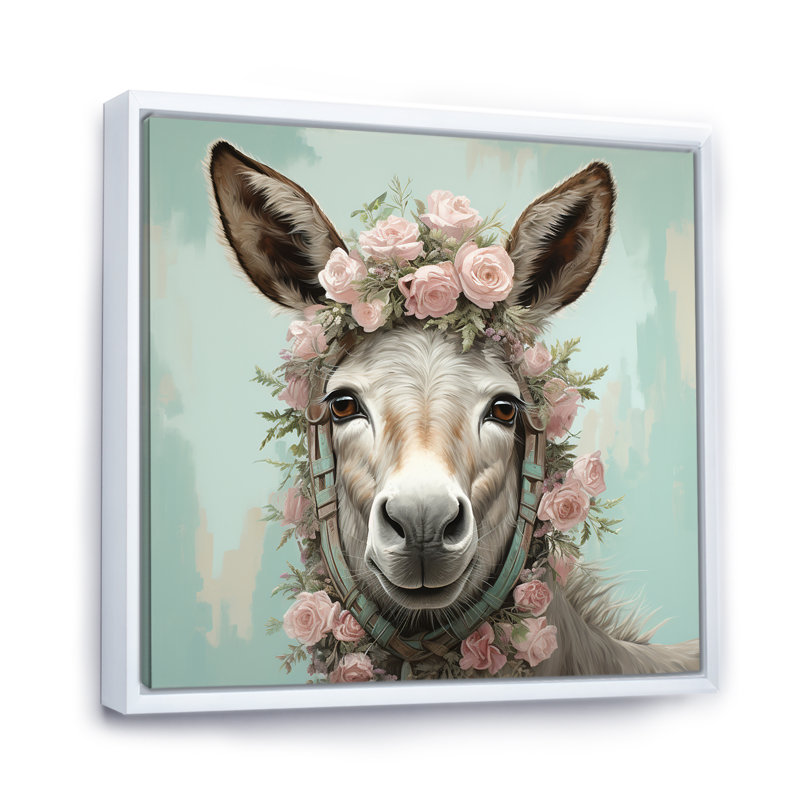 Adorable portrait floral d'âne - art mural d'âne, Cadre flottant blanc, 30" H x 30" W
