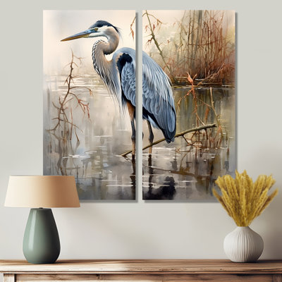 Graceful Heron Waterbird IV - Blue Canvas Wall Art 2-Panels