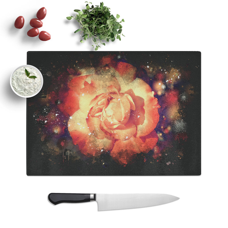 Rose Flower Paint Splash Chopping Board, 0.4cm H x 20cm W x 28.5cm L