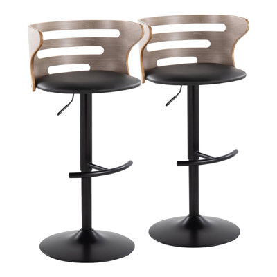 Mid-Century Modern Adjustable Barstool With Swivel In Black Metal, Light Grey Wood And Black Faux Leather With Rounded T Footrest By  - Set Of 2