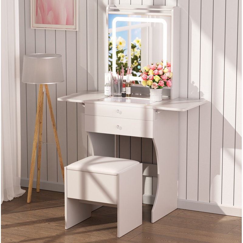 Vanity Set For Small Bedrooms, Small Space Makeup Vanity With LED Mirror, Stool & Foldable Side Tables