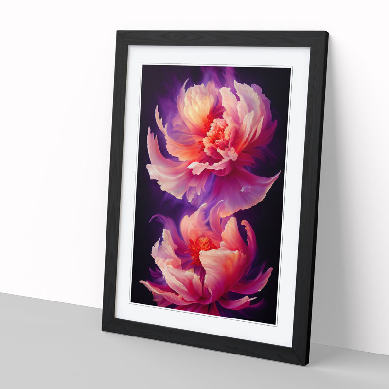 Peony Flower Flame Art - Single Picture Frame Print, Black, 34cm H x 25cm W x 2cm D