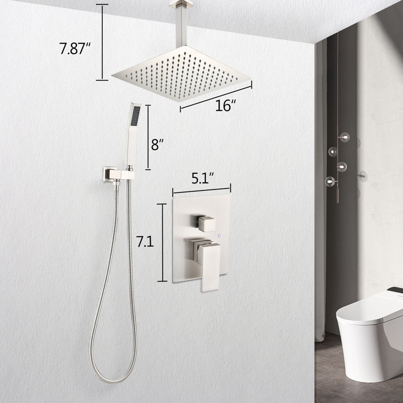 Ceiling Mounted Shower - 16" Head & Handheld, Brushed Nickel, Brass Made Nickel Construction, Brushed Nickel