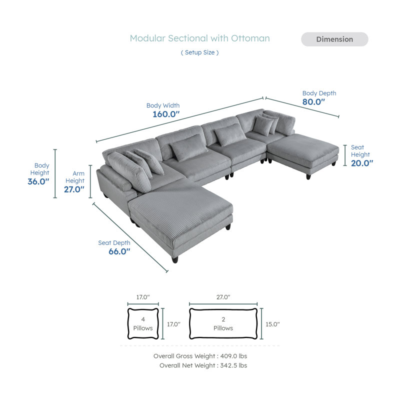 Loowit 120"W Modern 6-Piece Corduroy U-Shaped Modular Sectional with Dual Ottomans – Customizable Sofa with Reversible Cushions & Matching Pillows