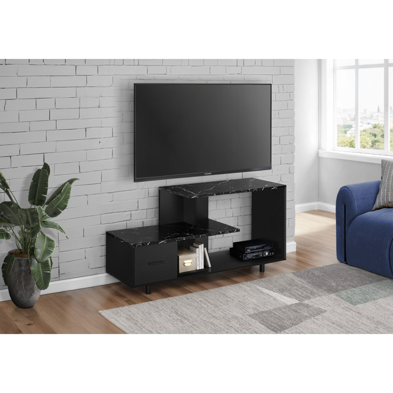 Meuble télé, meuble multimédia avec tiroir de rangement, stratifié aspect marbre noir, Noir