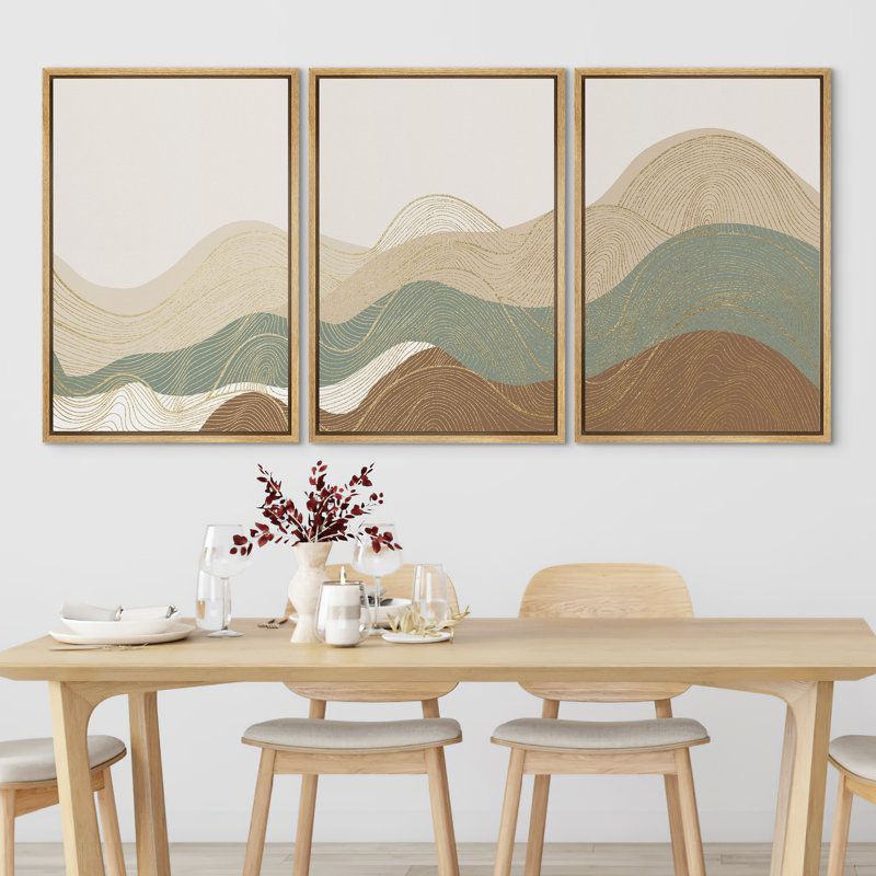 Multicolor Geometric Wave Abstract Mountain Landscape Wall Art Framed Canvas 3 Piece Painting Print, 36" H x 72" W, Natural