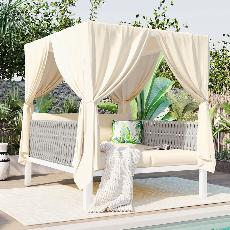 Lit de bronzage d'extérieur avec rideaux, Beige