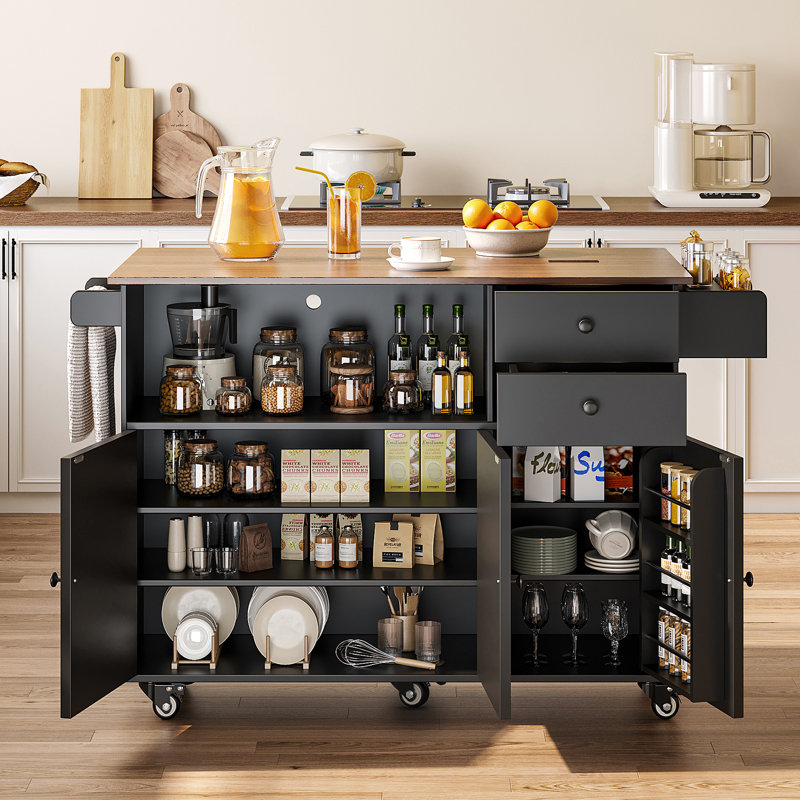 Rolling Kitchen Island With Drop-leaf Table And Locking Wheels, Combination Storage Drawers And Cabinet, Space-saving Center For Small Kitchens, Minimalist Design