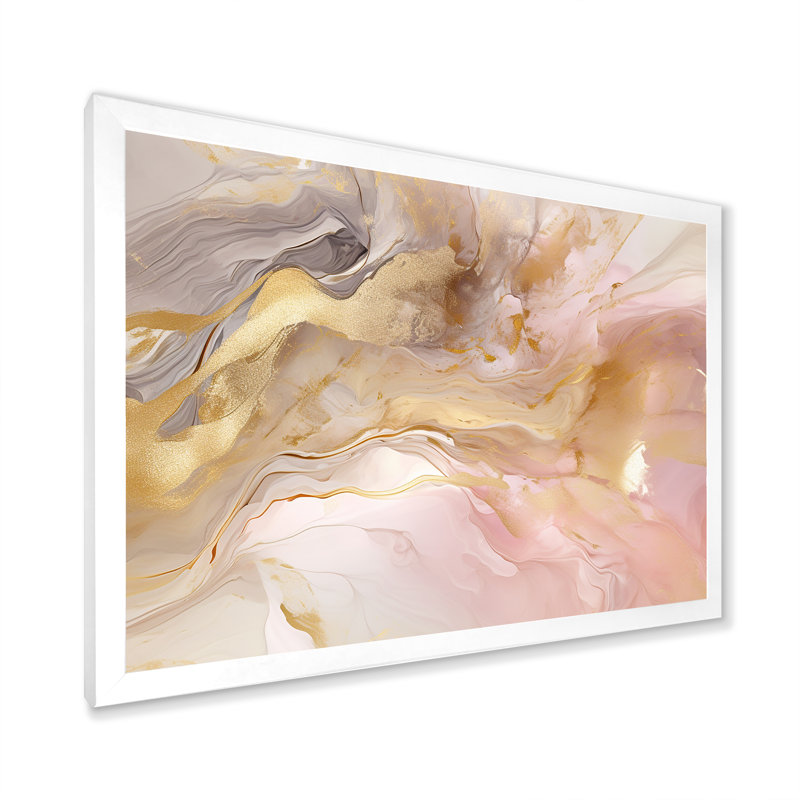 Exquis symphonie abstraite rose et pastel doré I - art abstrait de peinture murale pour le salon, Cadre simple blanc