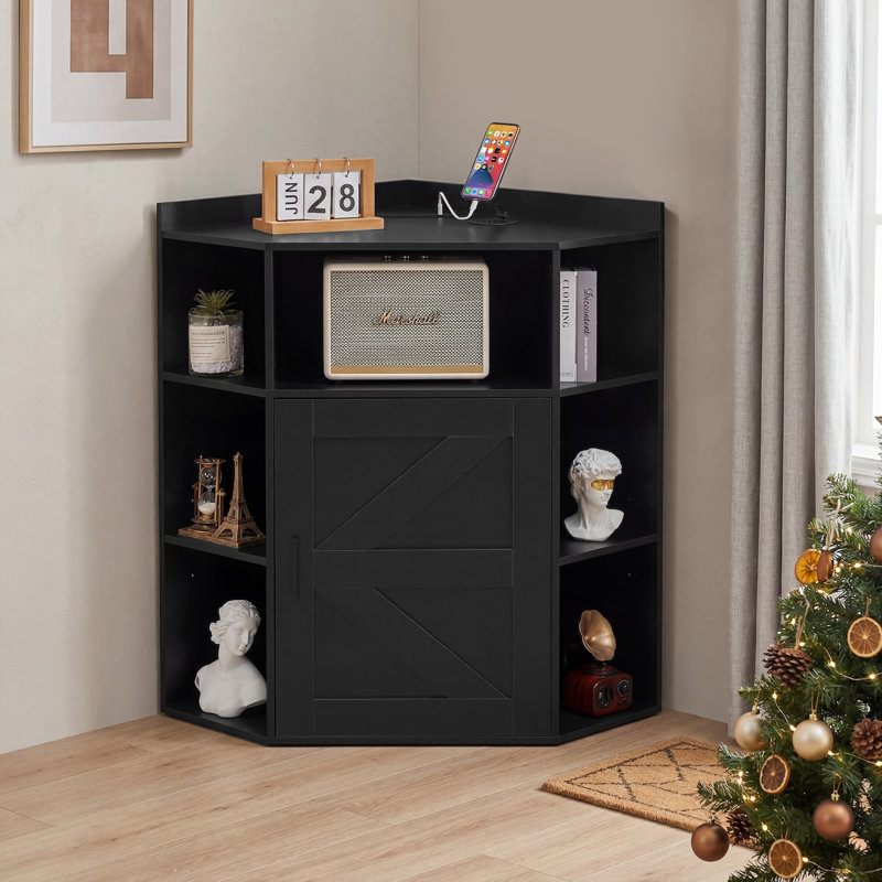 Corner Cabinet With Charging Station, Modern Home Office Storage Cabinet With 2 Outlets And 2 USB Ports, Triangle Bookshelf And Printer Stand With Barn Door For Small Spaces