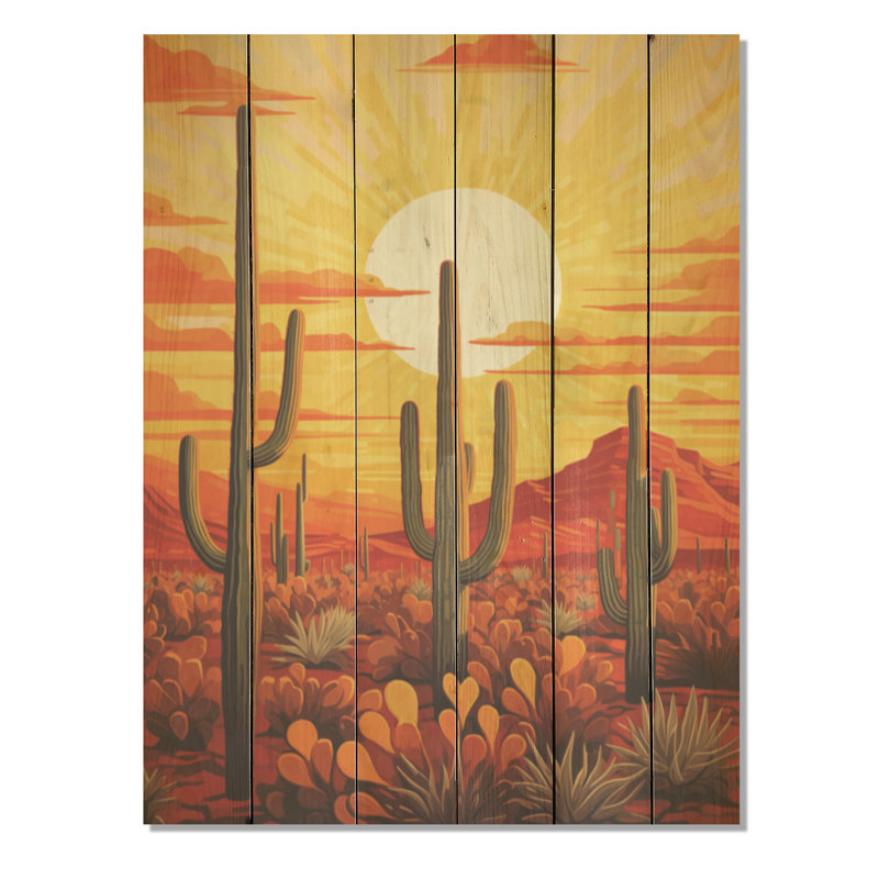 Cactus coucher de soleil ombres - Art mural en bois de cactus sur bois de pin naturel, H 40 po x l 30 po