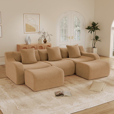 Canapé de 115,3 po en tissu désossé avec 2 repose-pieds mobiles et 3 coussins décoratifs