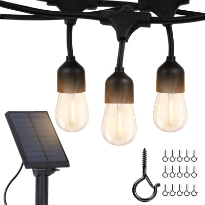 Ambience Pro 27 ft. Heavy Duty Outdoor Solar-Powered LED String Lights with 12 Warm White S14 Bulbs, Weatherproof Cord and 15-Piece Hook Set
