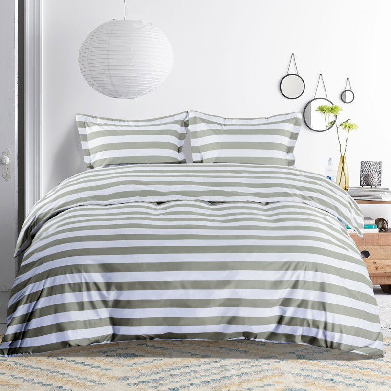 3 Pieces Duvet Cover Set, 100% Brushed Microfiber Striped Comforter Cover Set with Ties - NTBAY, Gray/White