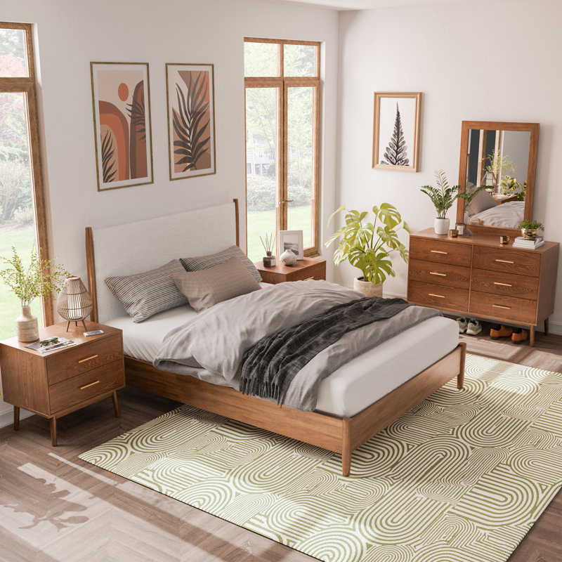 Nevio 5-Piece Upholstered Platform Bedroom Set, Queen, 5 Pcs: Bed, 2 Nightstands, Dresser, Mirror