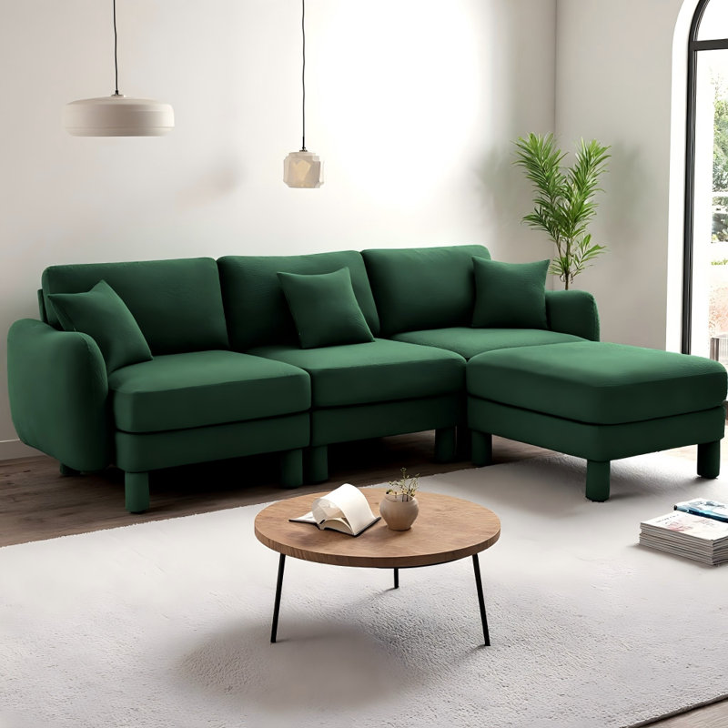 Canapé modulaire en L convertible en tissu avec accoudoirs en coquille Boucle, canapé moderne à 3 places avec repose-pieds amovible et pieds cylindriques, revêtement en polyester doux