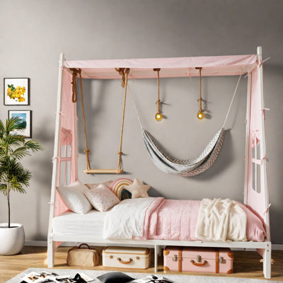 Lits cabane jumeaux en métal avec balançoire, acier blanc, maisonnette de jeu moderne pour enfants