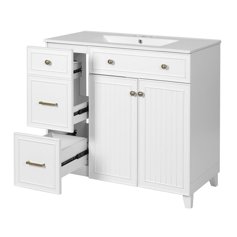 Meuble-lavabo de 36 po avec lavabo en céramique, tiroirs standard et double couche, portes à fermeture en douceur, tablettes réglables, armoire de rangement moderne pour petites et moyennes salles de bain