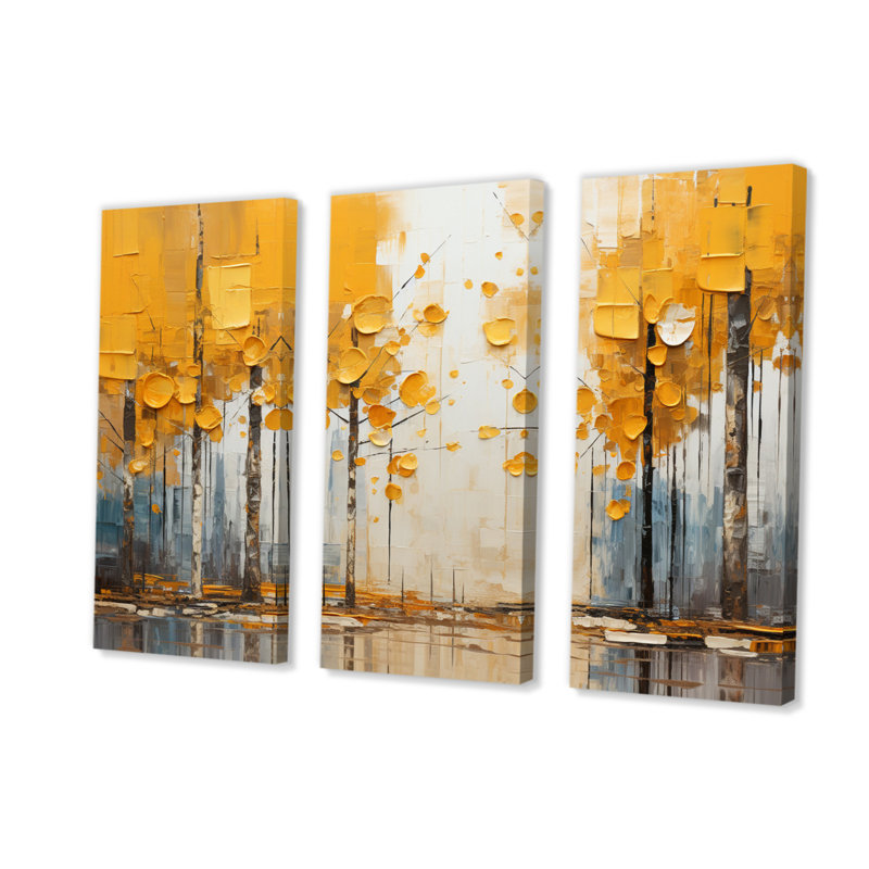 Forêt jaune, collage de bois II sur toile, 3 pièces, H 28 po x l 36 po x P 1 po