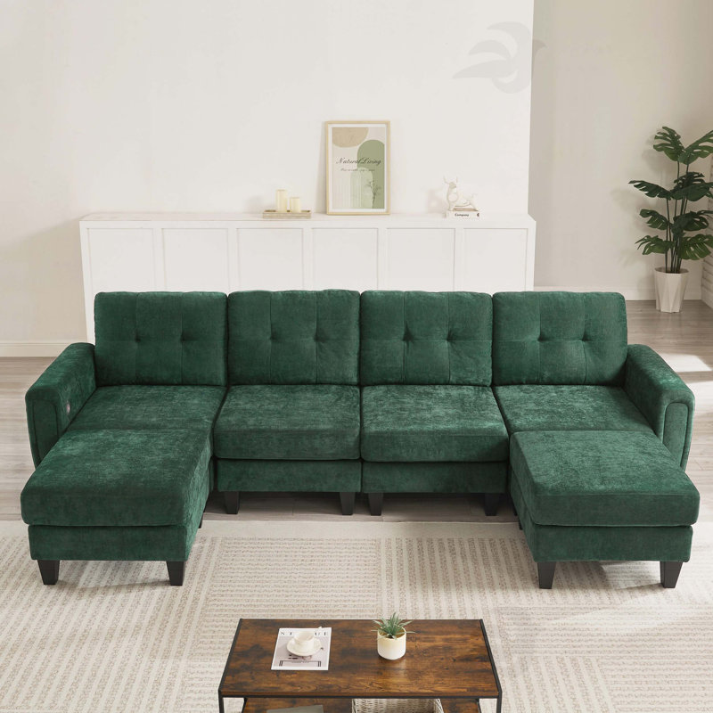 Canapé modulaire moderne en U de 115 po avec deux repose-pieds mobiles, ports USB et tables d'appoint pour le salon, vert