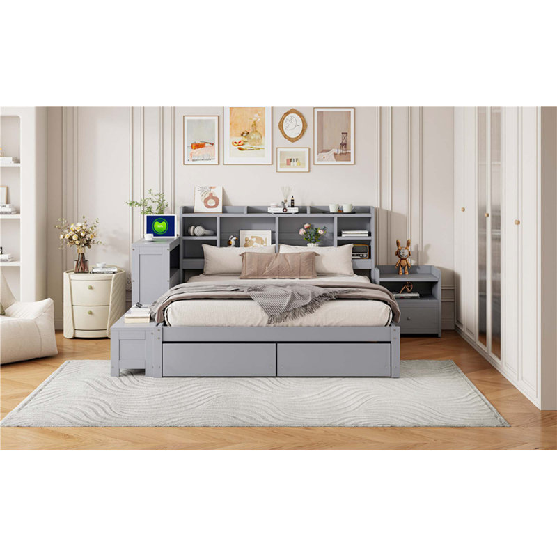 Full Wooden Platform Bed With Multi-Functional Storage Space, Nightstand, 2 Drawers, USB Ports And Desk