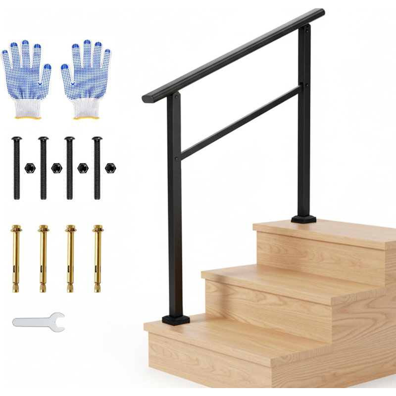 Ensemble de rampes d'escalier noires en aluminium à 2 ou 6 marches avec poteaux en fer, rampe de sécurité conforme ADA pour porche et entrée