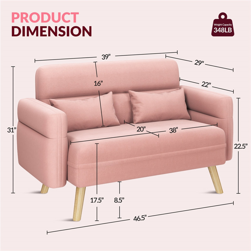 Boarisch 46.5" Upholstered Sofa Loveseat, Pink, Pink