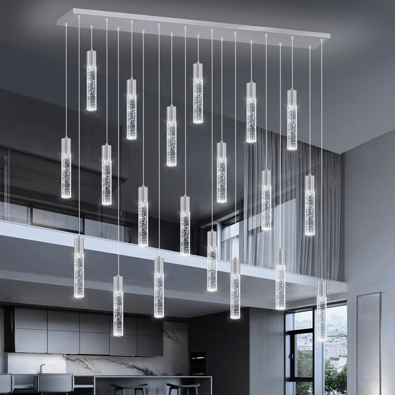 Lustre moderne rectangulaire en cristal 20 lumières à DEL argent, Silver