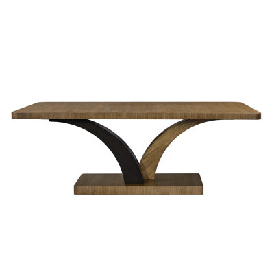 Table d'appoint en eucalyptus, piètement double arqué pour une profondeur esthétique, plateau rectangulaire aux bords arrondis, couleur beige, bois massif, 213 cm de hauteur, largeur 112 cm, hauteur 76 cm, poids 107 kg