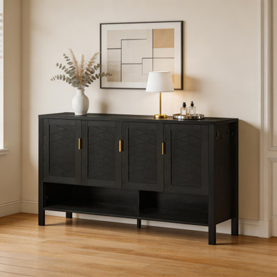 55.1" Storage Sideboard with 4 Doors, Multi-Functional Buffet Cabinet with Open Shelf & 2-Tier Adjustable Shelves, Modern Cabinet with Double Hooks for Living Room, Hallway, Dining Room & Office