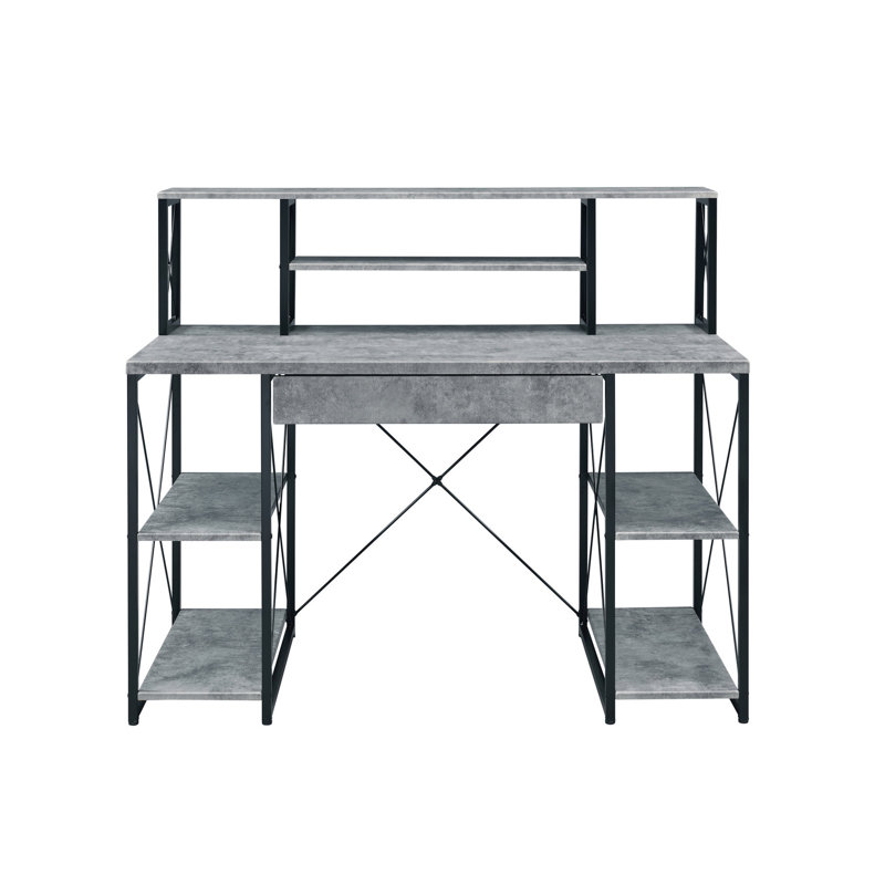 Bureau de travail gris avec tablette et compartiments fixes - Table d'écriture polyvalente et organisée
