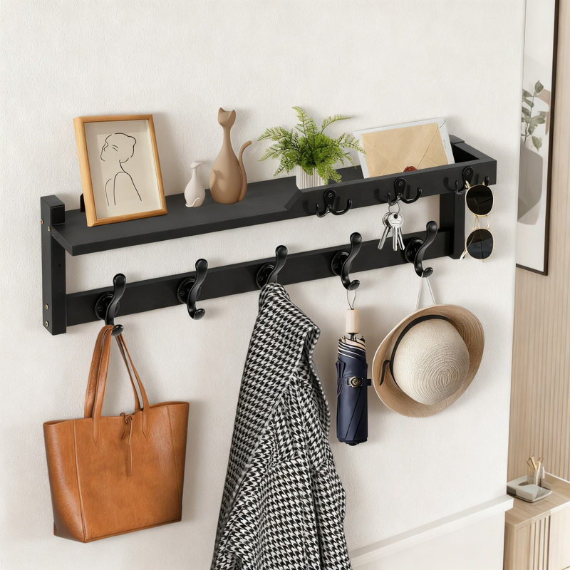 Portemanteau mural 4-en-1 avec tablette, organisateur de vestibule avec crochets à manteau, porte-clés et organisateur de courrier, cintre mural peu encombrant pour vestibule