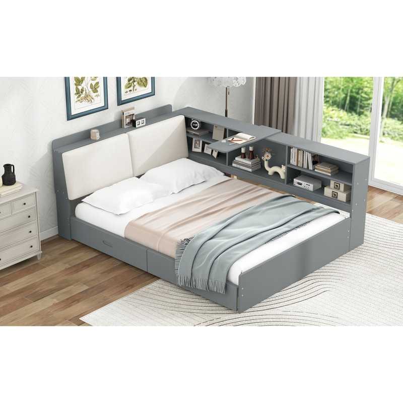 Structure de lit en bois gris avec tête de lit, 2 tiroirs et conception simplifiée, Gris
