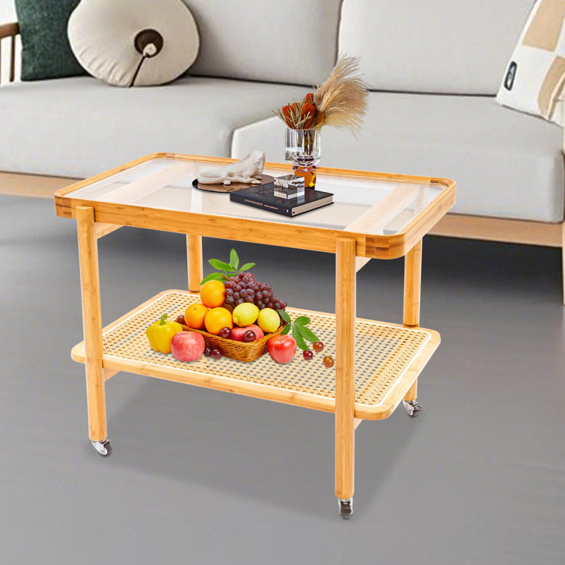 2 Tier Rattan Simple Side Table Coffee Table With Wheels