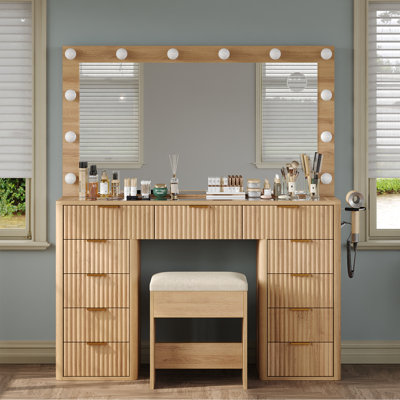  Vanity Desk with Power Outlet, Fluted Makeup Vanity with Lights Mirror, 3 Lighting Modes Adjustable, 11 Drawers Vanity Set, Makeup Table with Glass Top, Vanity Table with Chair