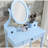 Blue Makeup Vanity Table And Seat - 3 Storage Compartments, Adjustable Mirror, Wood Alluring Stool With Drawers Mirror-958467032