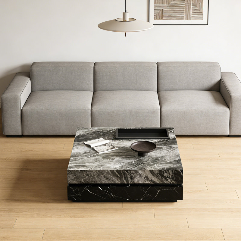 Table basse carrée sur pied avec plateau, H 13,77 po x L 31,49 po x l 31,49 po, Gris, Noir