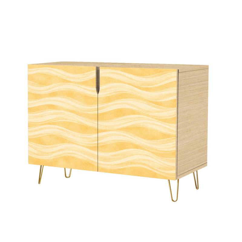 Buffet étroit de 35,4 po de largeur - armoire de rangement d'appoint à 2 portes avec imprimé texturé ondulé abstrait doré et pieds en métal