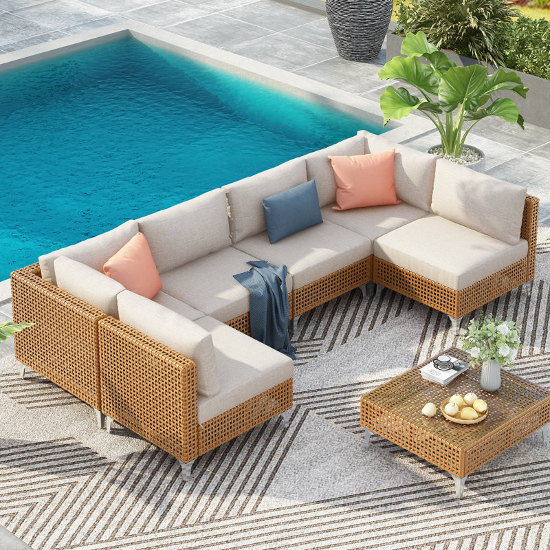 Ensemble de meubles de patio 7 pièces en osier, Coussin beige / structure orange