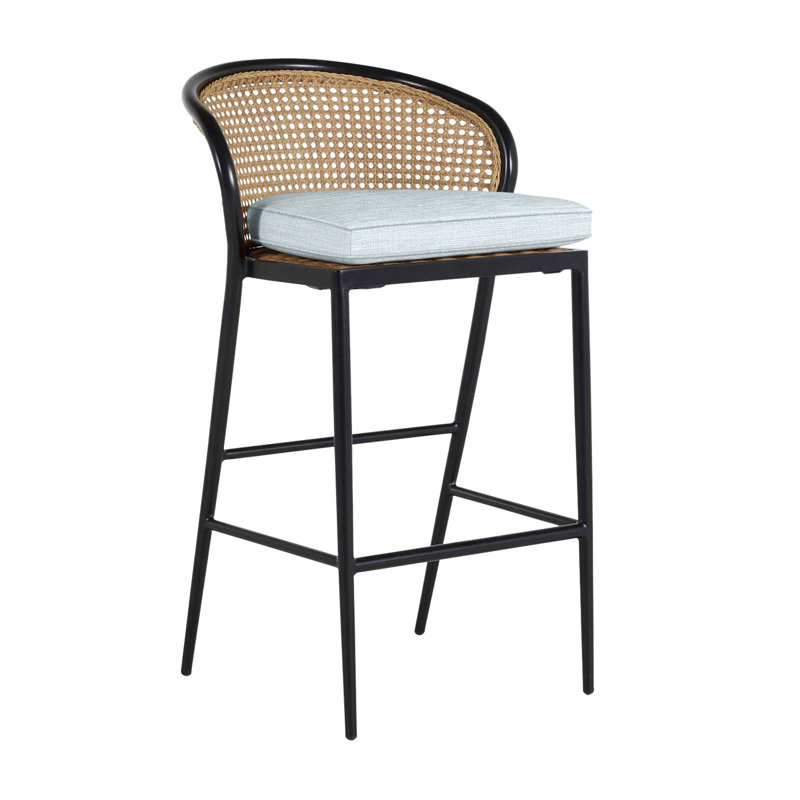 Havana 23.63 Patio Bar Stool with Cushion, Welt, Chalk/Natural Cane, Intermix Indigo